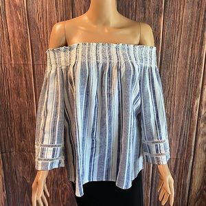 Studio West medium white and light blue stripped boho peasant strapless
